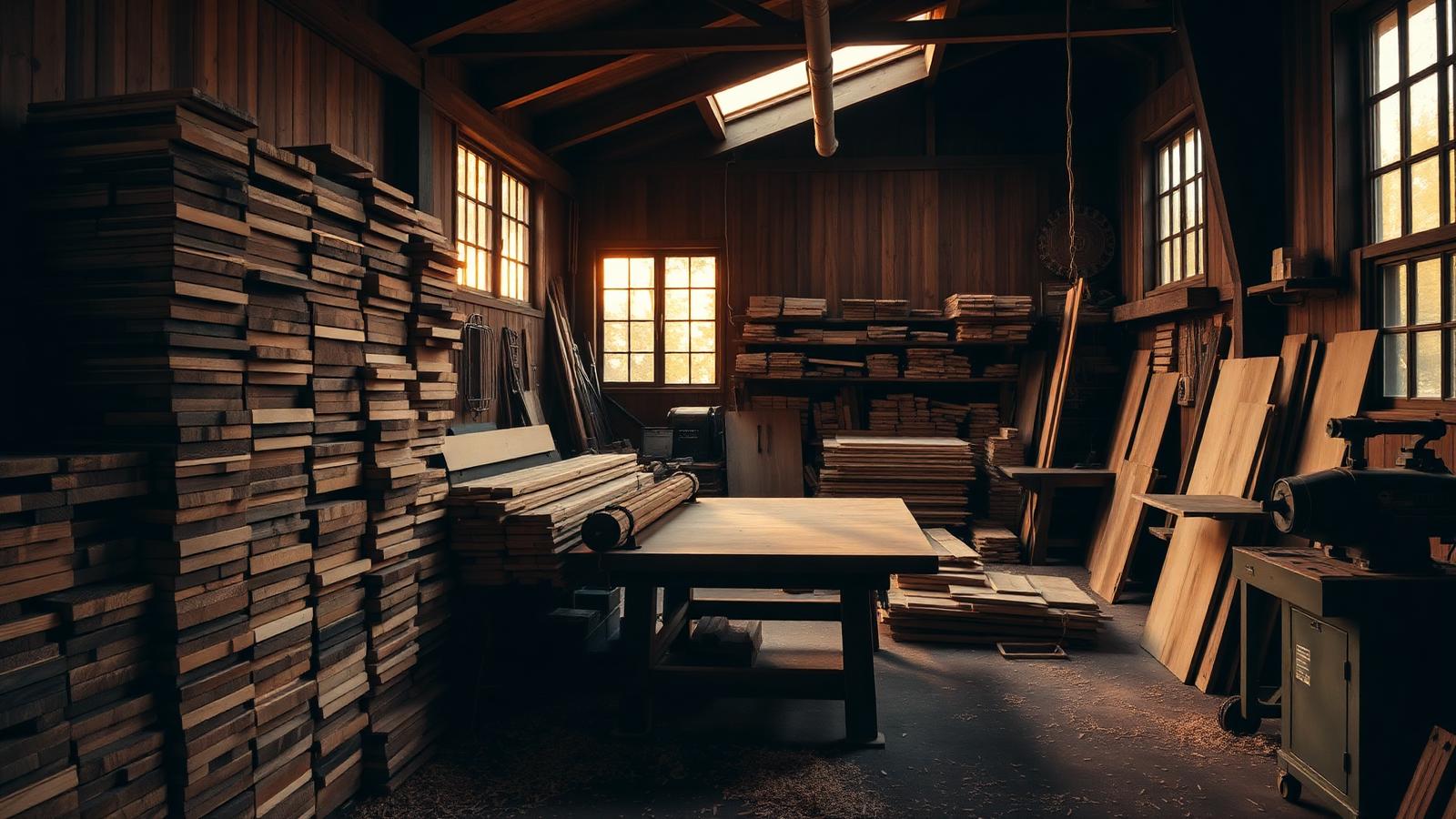 L'atelier de menuiserie GB Cuisine et + à Saint-Leu : bois debout, établi et machines sous la lumière du soir